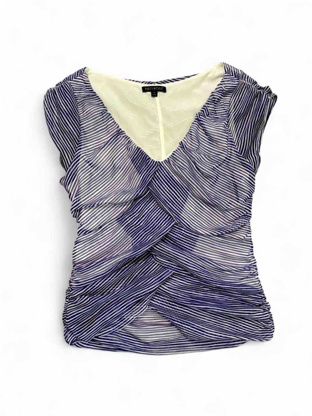 For Cynthia Purple and White Striped Ruched V-Neck Blouse